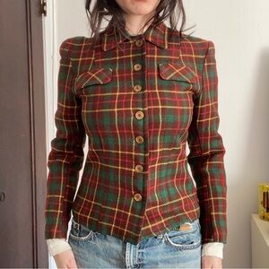 Plaid Tailored Button-Front Jacket in Red, Green & Yellow